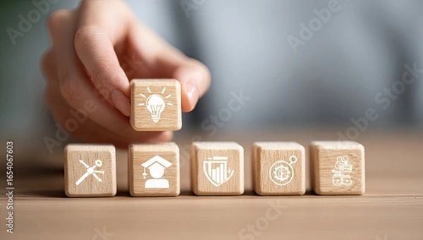 Fototapeta A hand places a wooden block with a lightbulb icon on top of other blocks with various icons