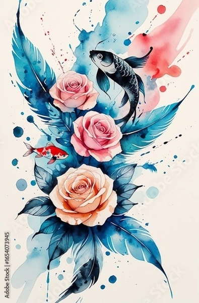 Fototapeta Delicate hand-painted watercolor artwork of tattoo motifs — flowing ink designs with roses, mandalas, koi fish and feathers blending into artistic pastel splashes, creative bohemian vibe