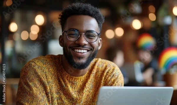 Fototapeta Happy gay black man working on a laptop. Smiling African American remote worker laughing on a video call with team colleagues. Pride Month banner featuring a rainbow flag, Generative AI
