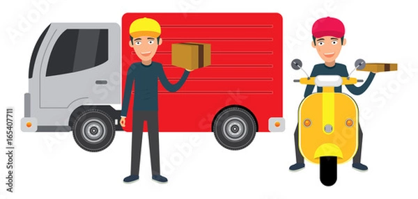 Fototapeta Delivery Boy in front delivery van and on the scooter delivery pizza and product