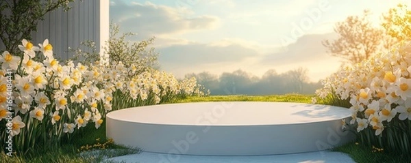 Fototapeta White podium with daffodils arranged in a meadow, captured in a 3D render, evoking feelings of freshness, natural beauty, and elegance, Generative AI