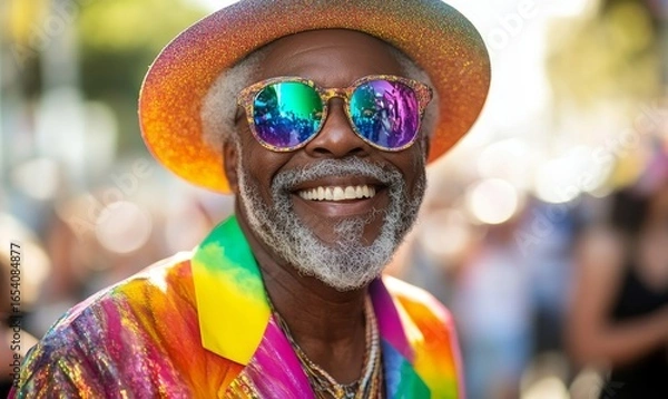 Fototapeta Happy senior gay black man celebrating at a Pride parade surrounded by a crowd of queer individuals. Smiling elderly LGBTQ+ African American male pensioner wearing eclectic, Generative AI