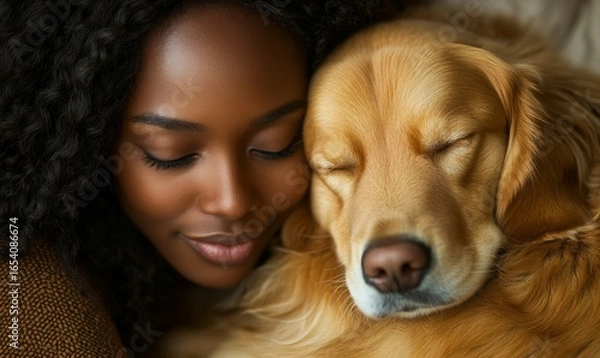 Fototapeta Young black woman cuddling a sleepy golden retriever dog at home. Candid African American female hugging a fluffy Labrador. Copy space available, Generative AI