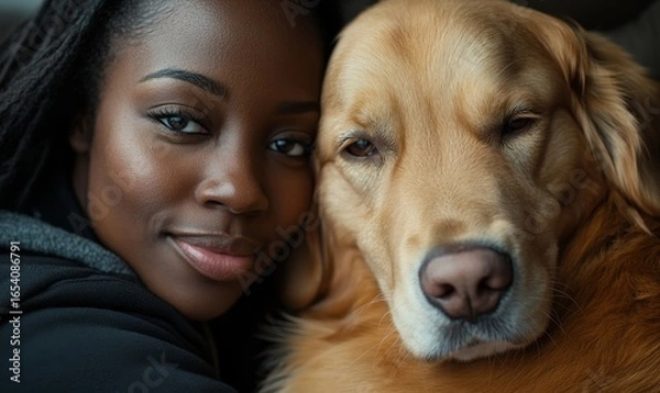 Fototapeta Young black woman cuddling a sleepy golden retriever dog at home. Candid African American female hugging a fluffy Labrador. Copy space available, Generative AI