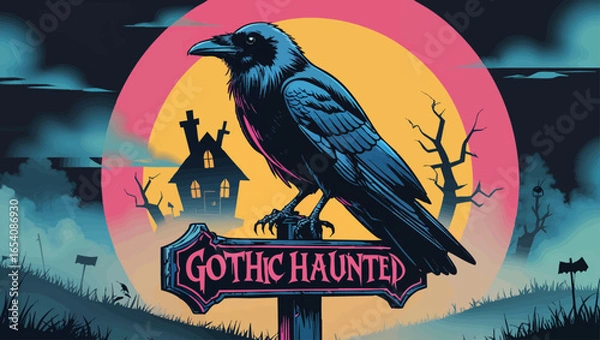 Fototapeta Haunted Crossroads: Raven Perched on a Spooky Signpost with a Haunted House