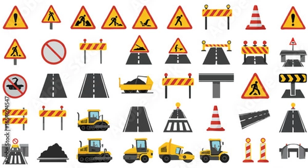 Fototapeta A collection of construction signs and road elements, including warnings, barriers, cones, and road symbols, are displayed in a flat design style, ideal for illustrating roadwork.