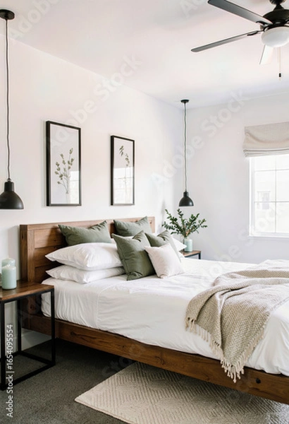 Obraz A close-up of a chic and modern bedroom with a comfortable bed, stylish olive green pillows, and minimalist decor, creating a cozy and inviting atmosphere for rest.
