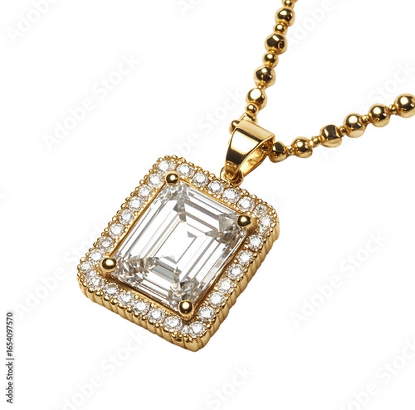 Obraz Gold necklace with emerald cut diamond pendant isolated on transparent background