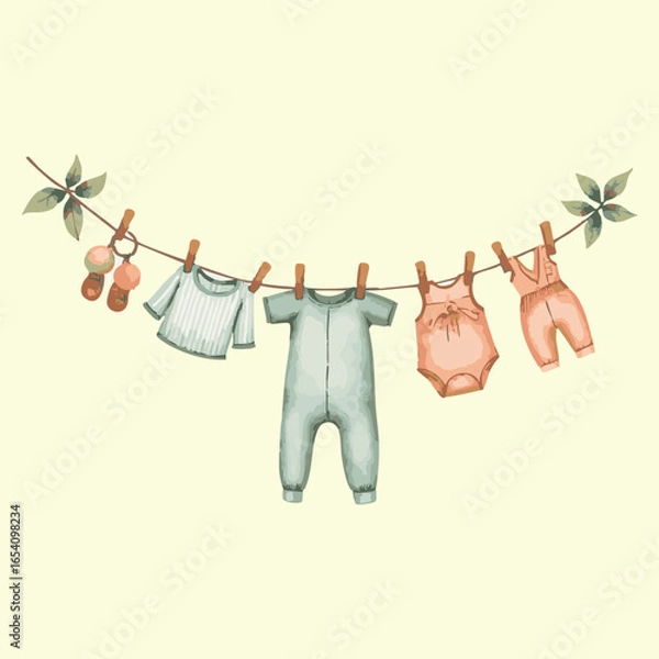 Fototapeta Newborn Wardrobe: A delightful display of baby clothes, delicately strung on a clothesline, a heartwarming watercolor illustration with leaves in the background, suggesting new life and purity.