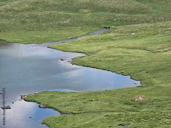 Fototapeta La Thuile, Val D'Aosta, July 02 2025: Panoramic view to the alps, beautiful green landscape reflected in a small natural lake. Beautiful blue sky with some clouds. Mountains with a little snow. Aerial