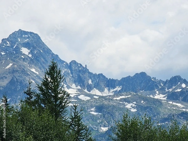 Fototapeta La Thuile, Val D'Aosta, July 02 2025: Panoramic view to the alps, beautiful green landscape reflected in a small natural lake. Beautiful blue sky with some clouds. Mountains with a little snow. Aerial