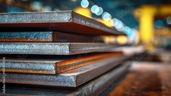 Obraz High definition photo of close-up of stacked steel plates in a manufacturing environment, showcasing industrial craftsmanship and material strength.