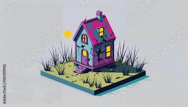 Fototapeta Haunted Hilltop Cottage: Spooky Abandoned House with Glowing Windows at Dusk
