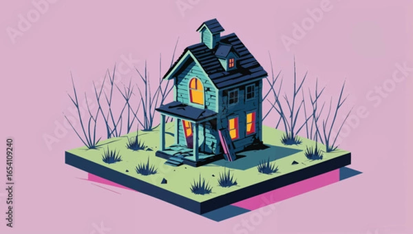 Fototapeta Haunted Hilltop Cottage: Spooky Abandoned House with Glowing Windows at Dusk