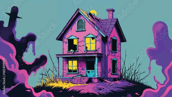 Fototapeta Haunted Hilltop Cottage: Spooky Abandoned House with Glowing Windows at Dusk
