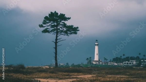 Obraz Lighthouse and tree against a moody sky