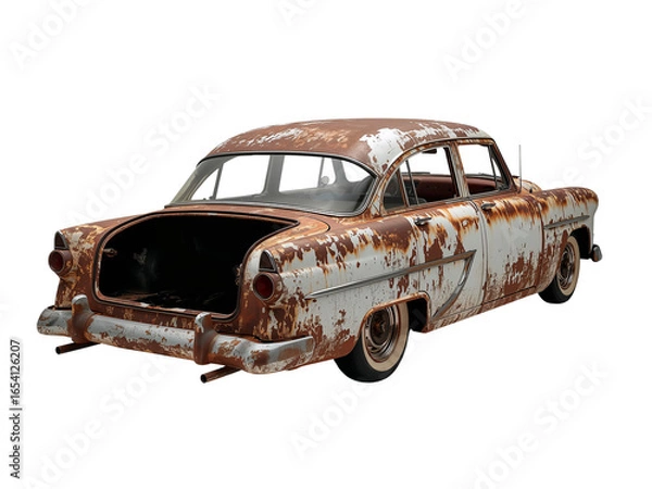 Fototapeta Vintage automobile decay showcasing rust and weathered appearance on isolated background