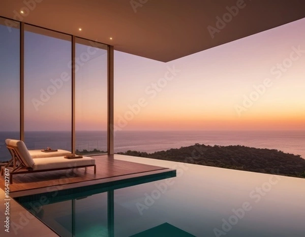Fototapeta Tranquil Sunset View from Infinity Poolside Loungers