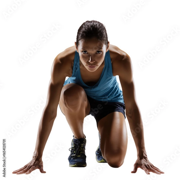 Fototapeta Athletic woman preparing for sprint studio setting png image with dynamic angle