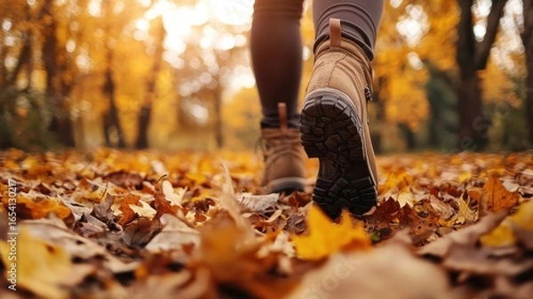 Obraz Close-up of female legs in hiking boots walks on ground with yellow-orange dry fall leaves during autumn season in park or forest. Feet walking in outdoor nature. Healthy lifestyle on leisure activity