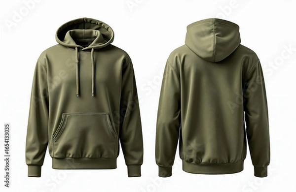 Fototapeta Olive green hooded sweatshirt with front, back views. Features soft fabric, relaxed fit, minimalist design. Essential modern apparel for casual or activewear style. Versatile basic for any wardrobe.