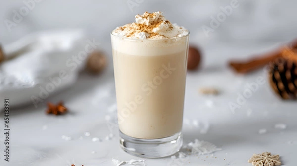 Fototapeta Savor a creamy, spiced winter beverage topped with whipped cream and cinnamon, perfect for cozy holidays and festive gatherings