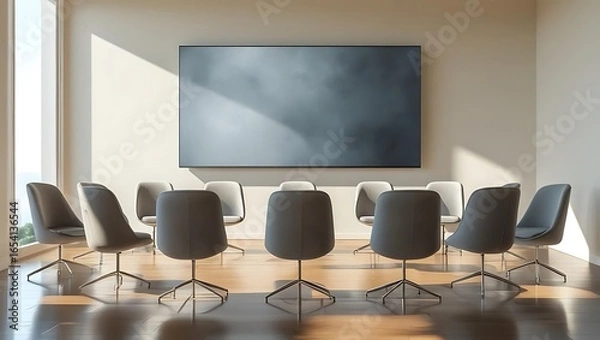 Fototapeta Modern conference room with natural light and abstract art