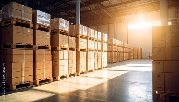 Obraz 大型倉庫に積み上げられたパレットとダンボール箱