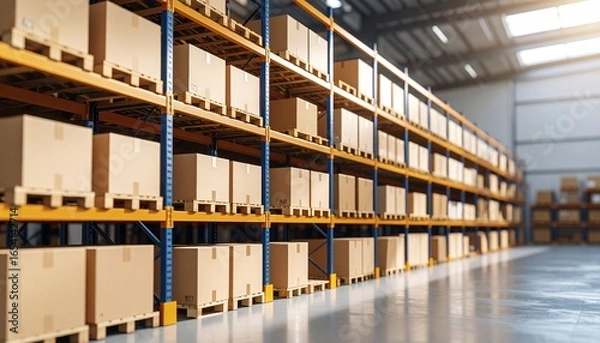 Obraz 大型倉庫に積み上げられたパレットとダンボール箱