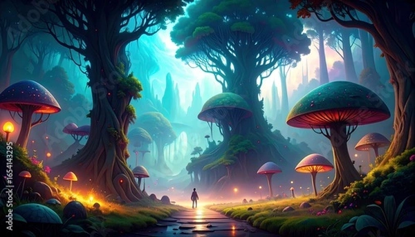 Fototapeta A vibrant fantasy forest path, lined with giant mushrooms and luminous trees, leads into a mysterious, colorful landscape.