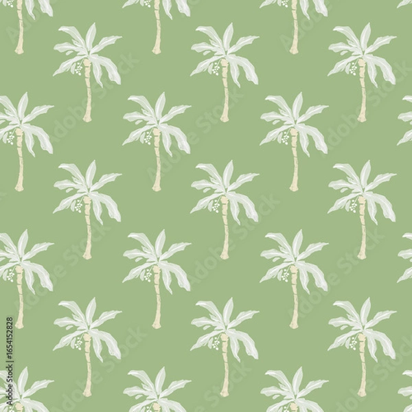 Fototapeta Sage green and white palm tree seamless pattern, hand-painted style exotic botanical wallpaper, repeating summer vacation island design, elegant coastal motif