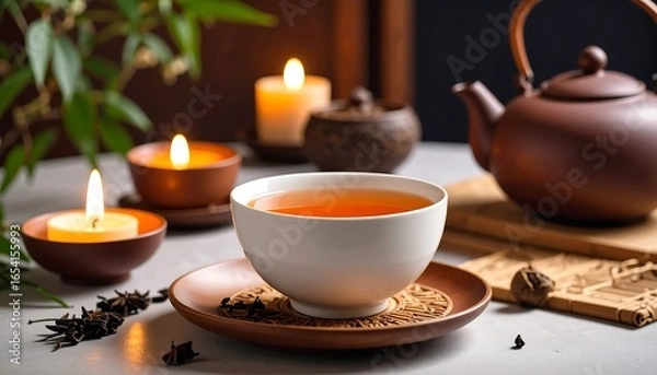 Fototapeta Aromatic tea with candles and plants