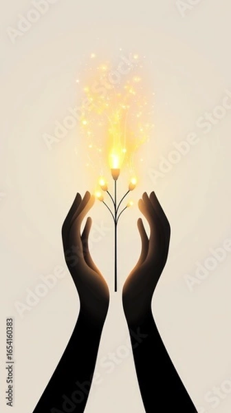 Fototapeta Hands Holding a Magical Sprout of Luminescent Flowers Representing Hope and Growth Amidst a Serene Background