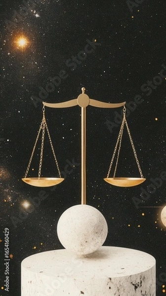 Fototapeta Gold Scale Set Against a Cosmic Background, representing justice,equality