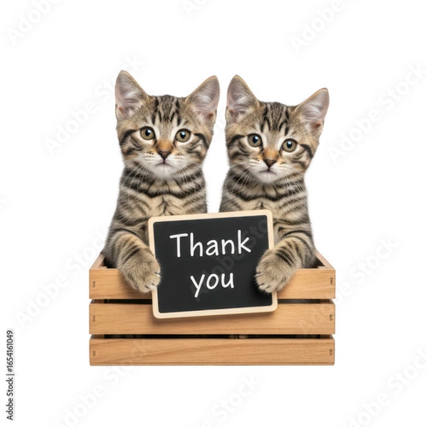 Fototapeta Two adorable tabby kittens peeking out of a wooden crate holding a thank you sign isolated on transparent background