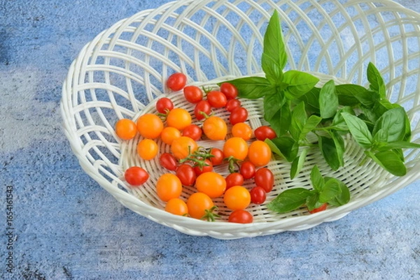 Fototapeta Red and yellow cherry tomatoes and fresh basil leaves in a basket