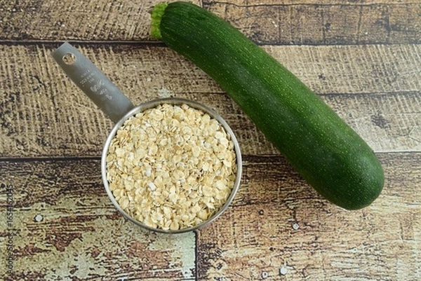 Obraz 1 cup of oatmeal and 1 zucchini on wooden background