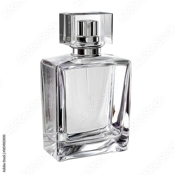 Fototapeta Elegant faceted glass perfume bottle filled with clear liquid and silver accents on a black background