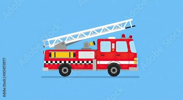 Obraz Flat Red Firetruck with White Ladder on Blue Background Illustration