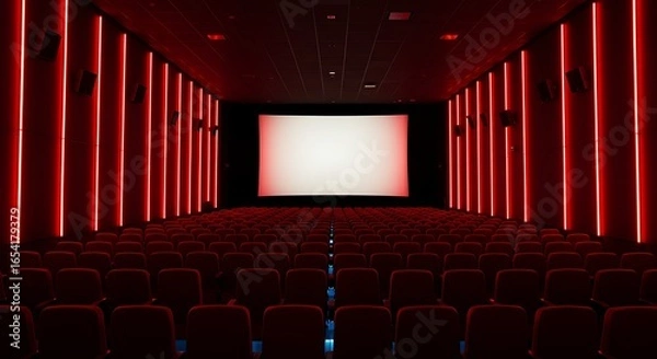 Obraz Interior of Empty Movie Theater with Red Ambient Lighting and Seats Ready for Guests to Enjoy a Film