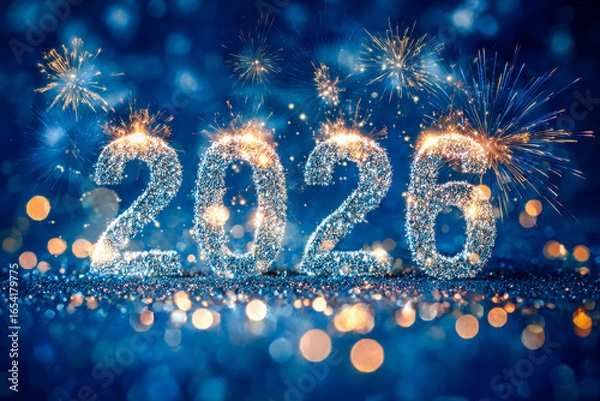 Fototapeta Celebration of the New Year 2020 with sparkling fireworks and glittering numbers