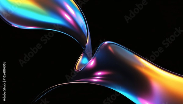 Fototapeta Dark abstract futuristic background. Iridescent fluid wave render. Glass prism light refraction. Rainbow gradient flare. Smooth transition. Bright glow shimmer. Neon metallic blur texture.