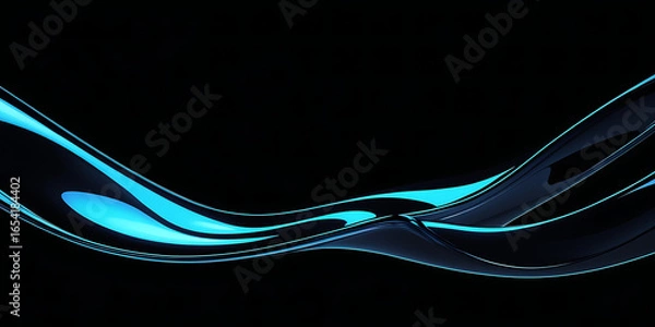 Fototapeta Black dark abstract background. Iridescent glass wave prism shape. Minimalist fluid 3D render. Smooth metallic curve. Neon glow reflection. Shimmer light streak. Futuristic digital texture design