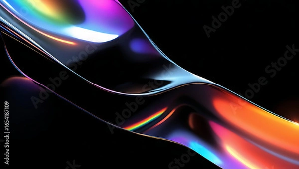 Fototapeta Black dark abstract background. Iridescent fluid glass wave. Prism shape 3D render. Smooth curve transition. Rainbow light flare. Bright glow shimmer. Neon metallic futuristic blur texture