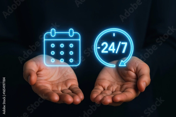 Fototapeta Calendar icon and 24/7 service symbol glowing above open hands on dark background