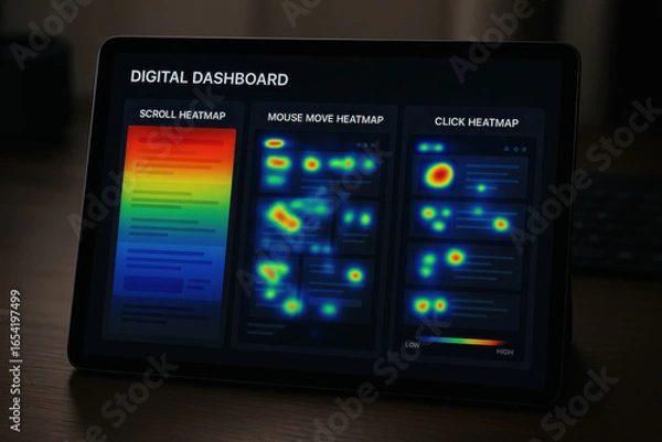 Fototapeta Digital dashboard showing scroll, mouse move, and click heatmap data for user interaction