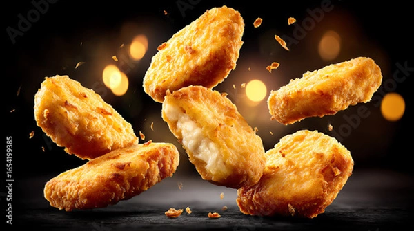 Fototapeta Golden, crispy chicken nuggets with one nugget showing creamy inside, floating against a dark background with warm bokeh lights and crumbs scattered around