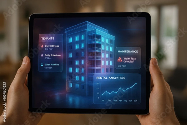 Fototapeta Smart building management tablet showing tenants maintenance and rental analytics data