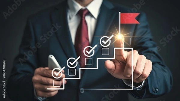 Fototapeta Businessman s hand points to a glowing staircase graphic with checkmarks leading to a red flag symbolizing success and goal achievement