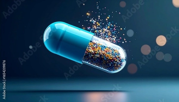 Fototapeta A close-up of a blue and clear capsule filled with colorful beads, against a dark background with blurred bokeh lights.